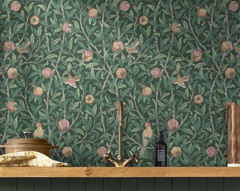 Bird & Pomegranate by William Morris Wallpaper - Deep Green Peel and Stick Botanical Mural