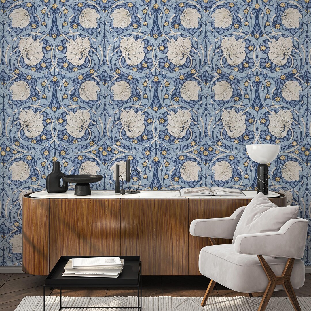 Blue Pimpernel by William Morris Wallpaper - Blue & Oatmeal Floral Peel ...