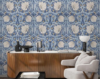 Blue Pimpernel by William Morris Wallpaper - Blue & Oatmeal Floral Peel and Stick Mural