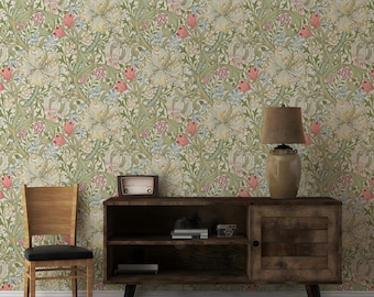 Golden Lily by William Morris Wallpaper - Navy & Gold Peel and Stick Botanical Mural