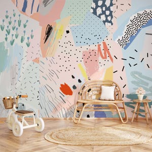 Vintage Geometric Abstract Pop Wallpaper | Excellent Quality Pink Blue Wall | Gorgeous Peel and Stick Playroom Decor | Wallpaper