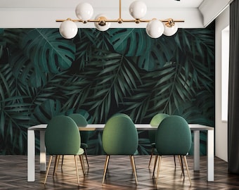 Tropical Green Palm Leave Wallpaper | Exotic Palm Tree Mural | Removable Wallpaper | Peel and Stick Mural | Boho Style Design Temporary Wall