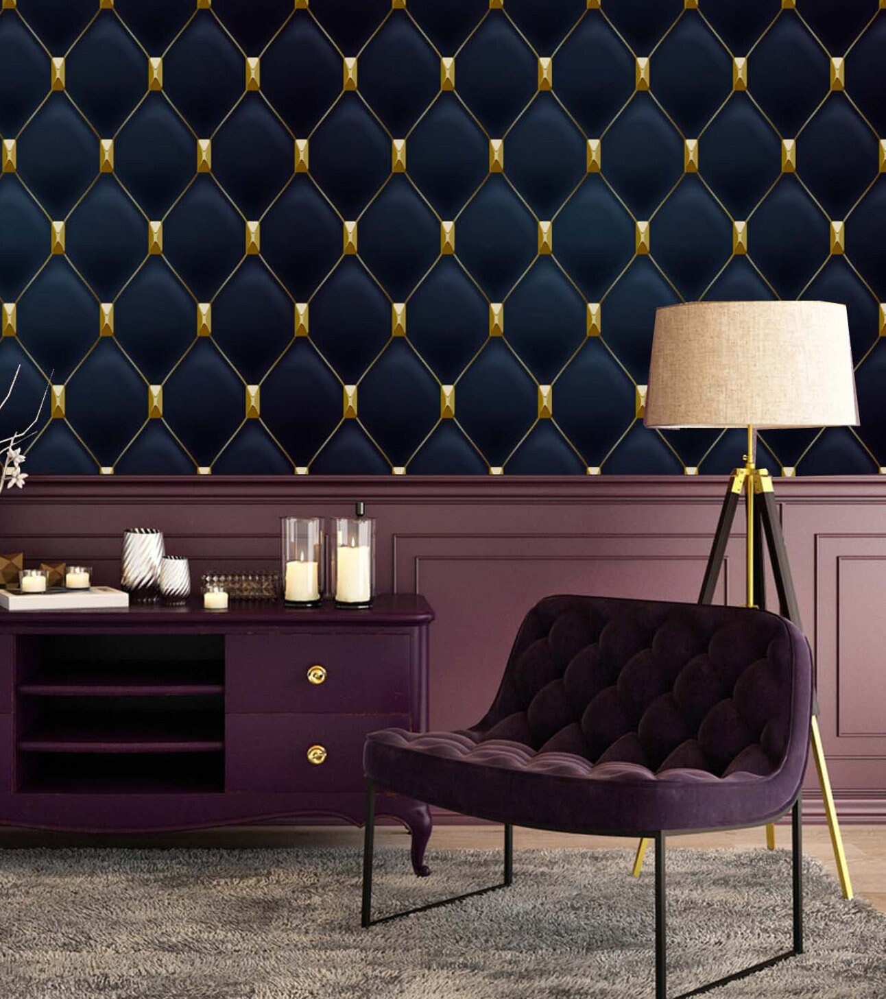 Art Deco Geometric Wallpaper in Navy Blue & Gold Removable Etsy