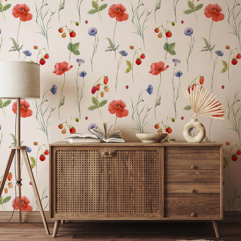 Poppy Peel and Stick Wallpaper - Blush Meadow Floral Botanical Vintage ...