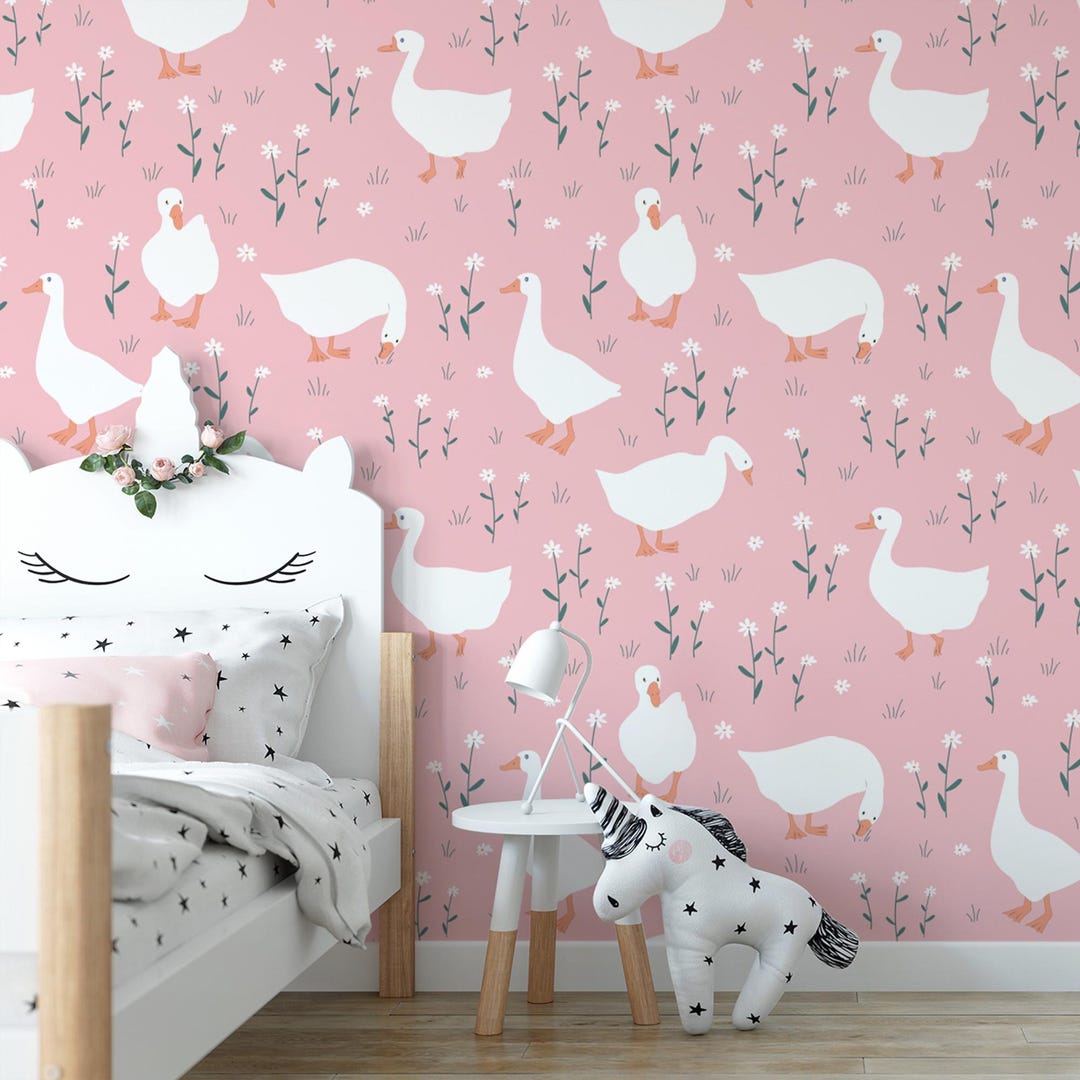 Goose Nursery Wallpaper: Pink Peel and Stick Wall Mural - Etsy