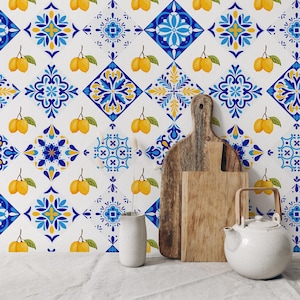 Lemon Wallpaper: Blue Tile, Peel and Stick, Removable