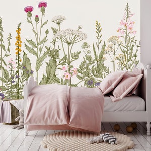 Boho Wildflower Nursery Wallpaper | Beautiful Emilie Green Garden Printed | Pretty Floral Nature Mural | Large and Wall
