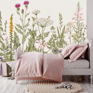 Boho Wildflower Nursery Wallpaper | Beautiful Emilie Green Garden Printed | Pretty Floral Nature Mural | Large and Wall