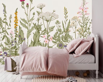 Boho Wildflower Nursery Wallpaper | Beautiful Emilie Green Garden Printed | Pretty Floral Nature Mural | Large and Wall