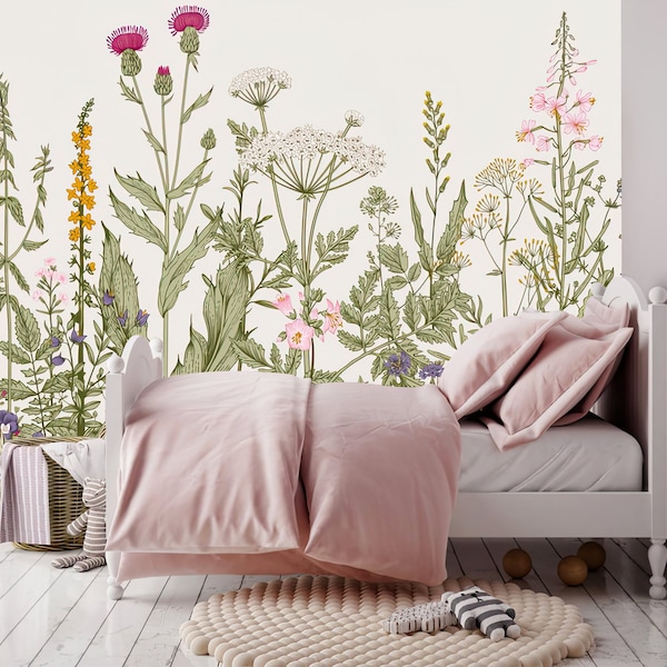 Boho Wildflower Nursery Wallpaper / Hermoso jardín verde Emilie impreso / Mural de naturaleza bastante floral / grande y pared