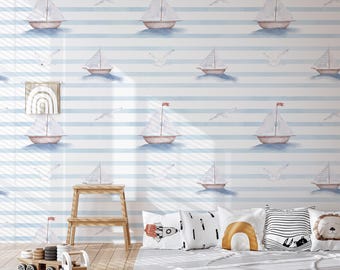 Aquarel zeilbootbehang: blauw-witte nautische Peel-and-Stick-muurschildering