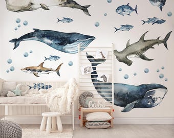 Ocean Animals Wall Decals Peel & Stick | Watercolor Whales, Sharks | Nursery Sea Life Wall Stickers