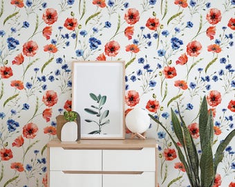 Watercolor Cornflower & Poppy Self-Adhesive Wallpaper: Floral Peel and Stick Decor