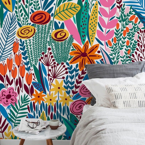 Vintage Colorful Scandinavian Wallpaper | Unique Dark Victorian Mural | Boho Whimsical Botanical | Gorgeous wall