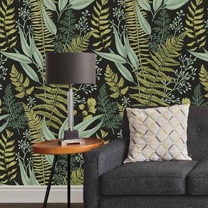 Elegancy Dark Ferns Botanical Wallpaper | Living Room Wall Mural | Green Home Decor | Peel and Stick Mural | Vintage Style Mural