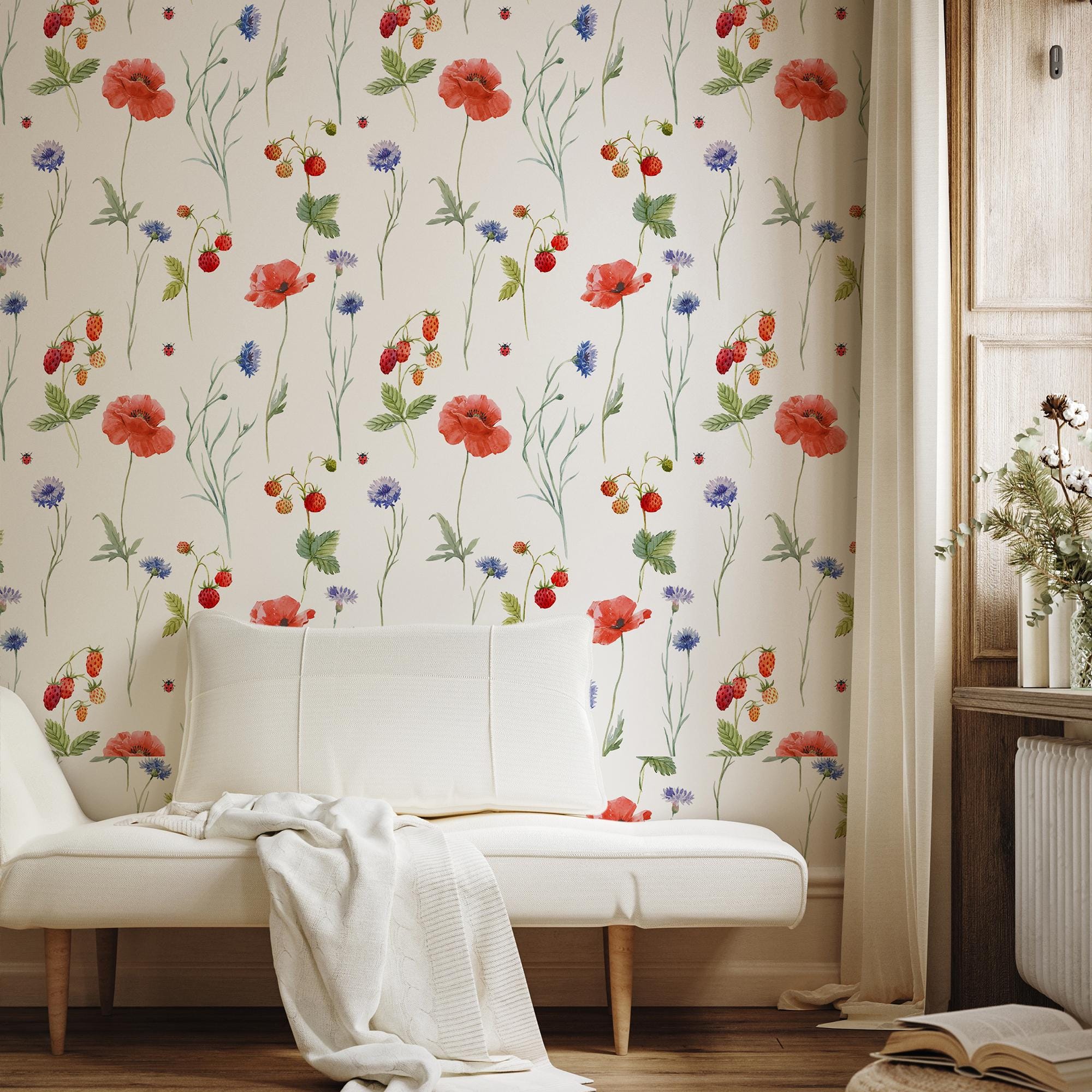 Poppy Peel and Stick Wallpaper - Blush Meadow Floral Botanical Vintage ...
