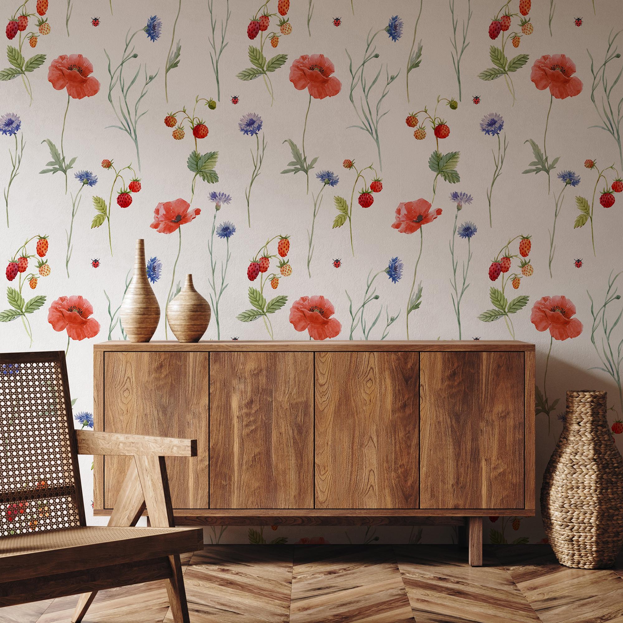 Poppy Peel and Stick Wallpaper - Blush Meadow Floral Botanical Vintage ...