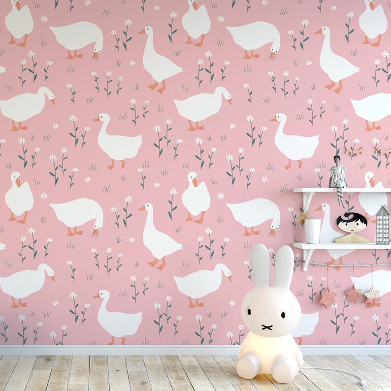 Goose Nursery Wallpaper: Pink Peel and Stick Wall Mural - Etsy