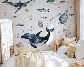 Ocean Predators Wall Decals | Orca Shark Stingray | Peel & Stick Watercolor Sea Life Stickers