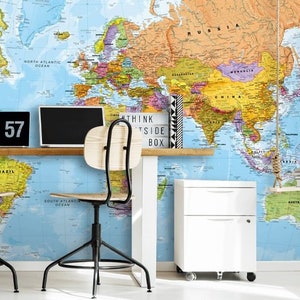 Vibrant World Map Wallpaper - Ideal Scandinavian Office or Playroom Decor - Self-Adhesive and Mural