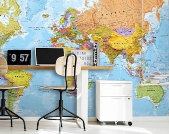 Vibrant World Map Wallpaper - Ideal Scandinavian Office or Playroom Decor  - Self-Adhesive and Removable Mural