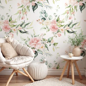 Pink Floral Peel and Stick Wallpaper: Watercolor Flower Wall Decal