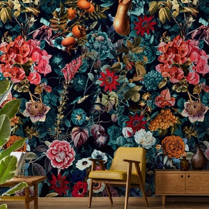 Dark Garden Tropical Gothic Wallpaper - Unique Dark Victorian Floral Mural - Black Whimsical Moody wildflower Wallpaper