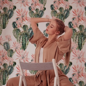 Carta da parati rimovibile con fiori di cactus acquerellati / Carta da parati murale con cactus floreali e decorazione murale riposizionabile / Carta da parati con stampa botanica