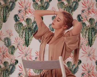 Watercolor Cactus Flower Wallpaper: Removable Floral Wall Mural