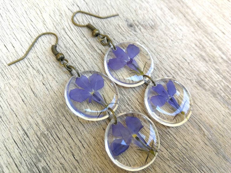Closed bronze-colored open monachella handmade In transparent resin Earrings with pressed blue flowers Height 6 cm