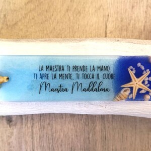 Personalized marine-themed teacher bookmark, with dedication and name of the teacher and/or class/child. Real shells inserted.