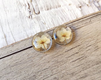 Small earrings in transparent resin with spirea flower inserted. Contour and butterfly closure in stainless steel. Diameter 1.4 cm.