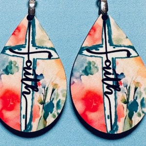 Cross and faith earrings, multi color floral, teardrop earrings, trendy, cute, religious earrings