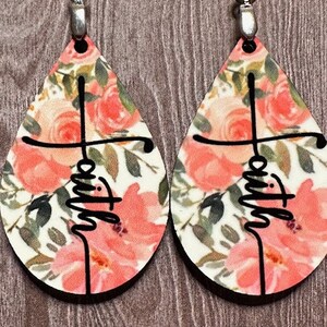 Faith earrings, pink floral, teardrop earrings, trendy, cute, religious earrings