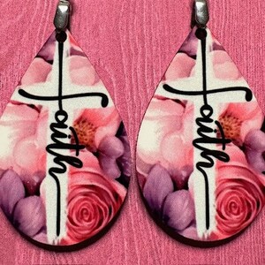 Faith and cross earrings, pink and purple floral, teardrop earrings, trendy, cute, religious earrings