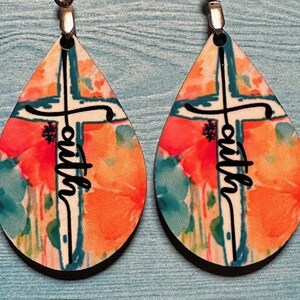 Faith and cross earrings, floral and paint drip, teardrop earrings, trendy, cute, religious earrings