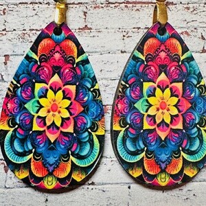 Mandala earrings, teardrop, everyday, unique, trendy, cute, colorful