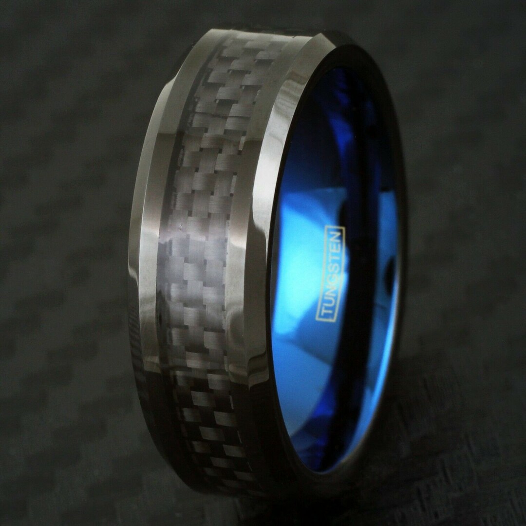 Mens Black Carbon Fiber Tungsten Ring Blue Inside Wedding Band Etsy