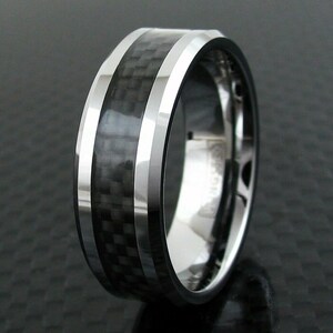 Silver Tungsten Black Carbon Fiber Stripe Wedding Band Ring for Men and Women
