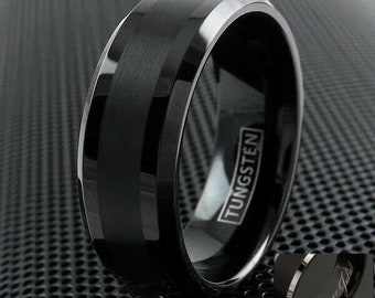 Black Tungsten Ring Beveled Edge Brushed Wedding Band for Men and Women