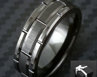 Men's Tungsten Black Sectioned Brushed Center Wedding Band Ring