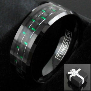 Black Tungsten Men&#39;s Green Carbon Fiber Stripe Wedding Band Ring