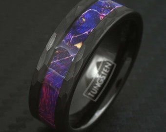 Black Mens Tungsten Faceted Purple Box Elder Wood Wedding Band Ring