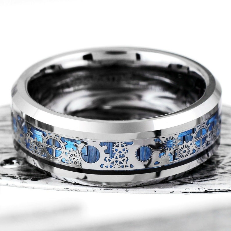 Silver Mens Tungsten Steampunk Clockwork Gears Wedding Band Etsy