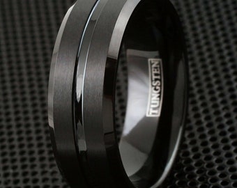 Black Tungsten Ring with Centre Groove Wedding Band Ring for Men and Women