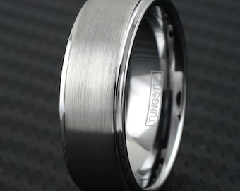 Silver Tungsten Brushed Center Step Edge Wedding Band Ring for Men and Women