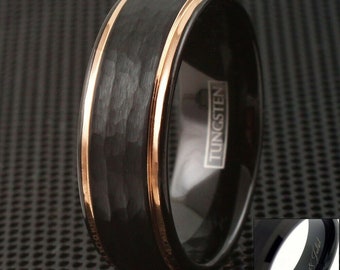Tungsten Men's Black Hammered Rose Gold Wedding Band Ring