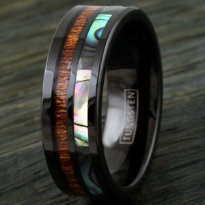Black Men&#39;s Ring Tungsten Hawaiian Koa Wood Abalone Band