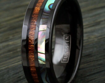 Black Men's Ring Tungsten Hawaiian Koa Wood Abalone Band