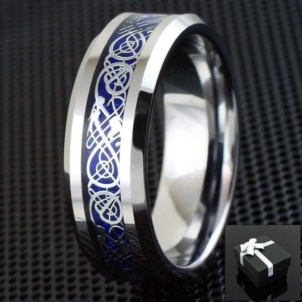 Blue Celtic Dragon Tungsten Ring Wedding Band for Men and Women